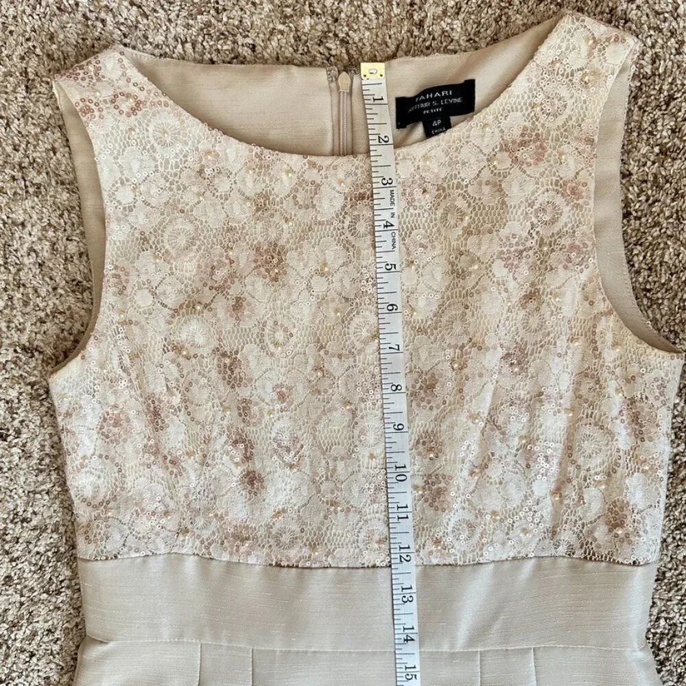 Tahari Cocktail Dress Beaded Bodice Sleeveless Size 4 Petite Ivory Lace - Picture 2 of 15